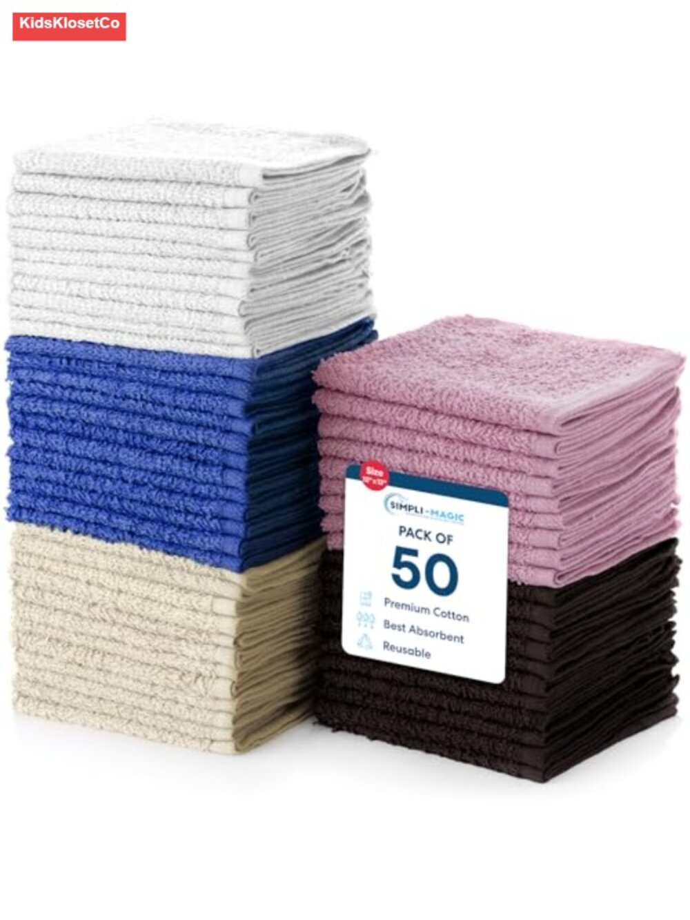 50 Pack Cotton Washcloths 12x12 Soft Absorbent Terry Towels for Bath Face Gym